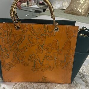 Butterfly Embossed Tote Bag - Orange and Green